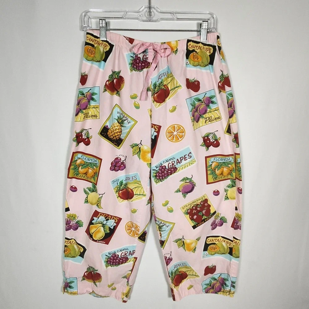 Nick & Nora Pajama Set Women's Small Pink Fruit Crate Print Cotton Sleepwear